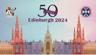 ESAT2024 flyer design with graphical illustration of church spire Edinburgh skyline, ESAT logo and University of Edinburgh crest